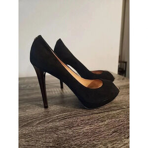 Coach Selma Suede Peep Toe Platform Heels Black Stiletto 4" Sz 7.5 B